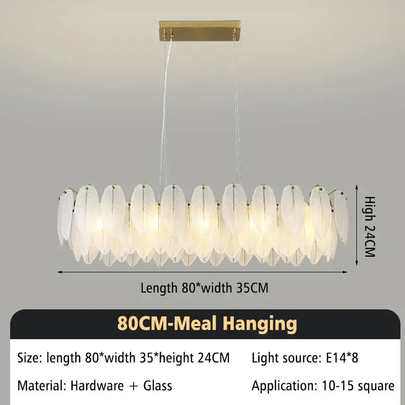 Elegant 80cm modern brass glass feather chandelier with translucent white glass feather shades for dining room lighting