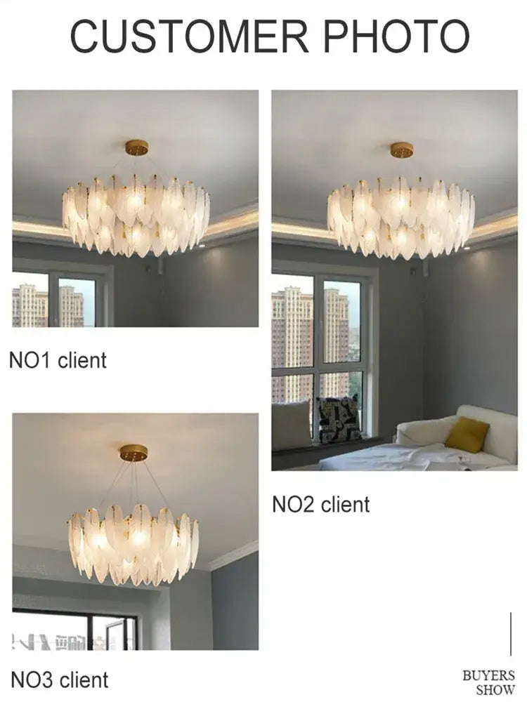 Elegant white glass feather chandelier with circular layered petal shades and modern brass accents for dining room use