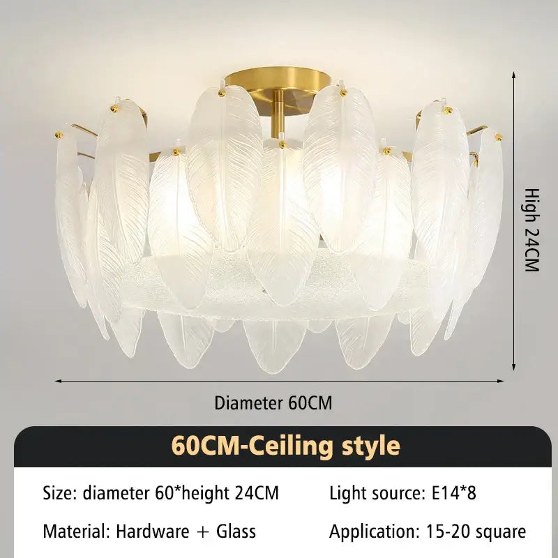 Modern brass glass feather chandelier with translucent white glass feathers in a circular pattern for dining room lighting