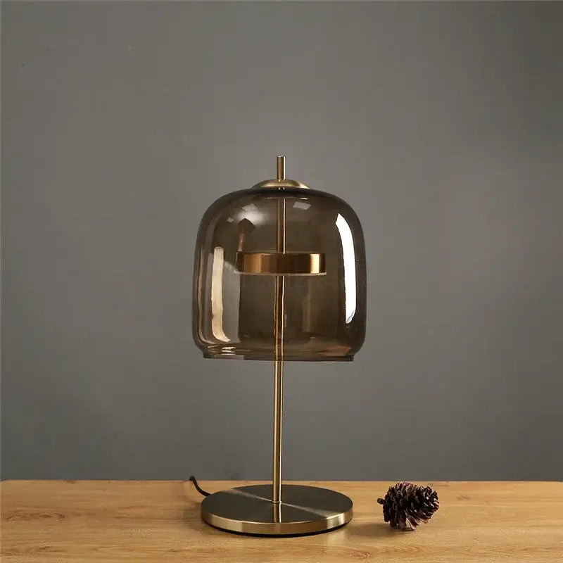 Modern brass glass lampshade led table lamp with smoked glass dome and brass frame for bedroom decor by decorbites