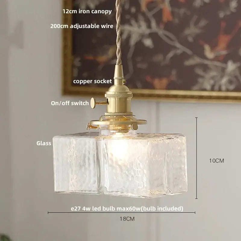Modern brass glass led pendant light with clear textured glass, brass copper socket, and 12cm iron canopy for dining room decorbites brass glass