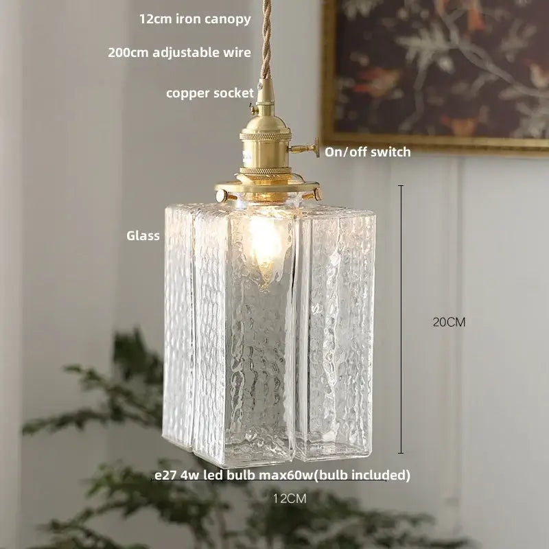 Modern brass glass led pendant light with clear textured glass and adjustable copper socket for dining room decorbites brass glass