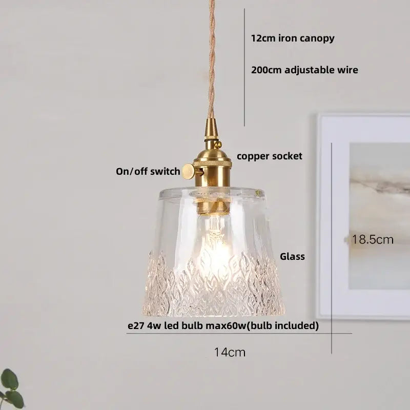 Modern brass glass led pendant light with textured leaf-patterned clear glass base and brass metal for dining room decorbites brass glass