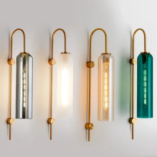 Modern brass glass sconce wall lamp with brass arms and multicolored cylindrical glass shades for living room use