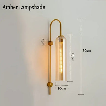 Modern brass glass sconce wall lamp with gold-toned brass and amber clear glass for living room wall lamp lighting