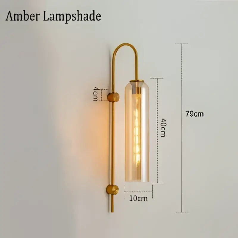 Modern brass glass sconce wall lamp with gold-toned brass and amber clear glass for living room wall lamp lighting