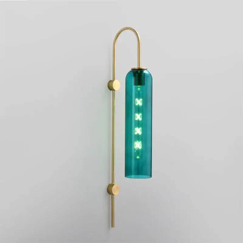 Modern brass glass sconce wall lamp with a sleek teal glass pendant and brass-finished metal arm for living room wall lamp