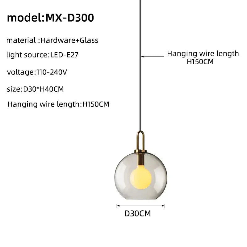 Modern brass glass staircase chandelier featuring a clear glass globe pendant light with a brass finish and led bulb