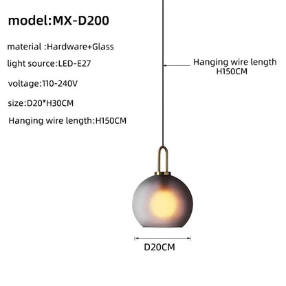 Modern brass glass staircase chandelier featuring a spherical frosted glass shade with brass hardware model mx-d200