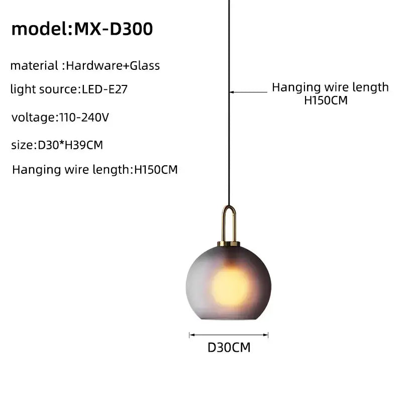 Modern brass glass staircase chandelier featuring a spherical pendant light with frosted glass shade model mx-d300