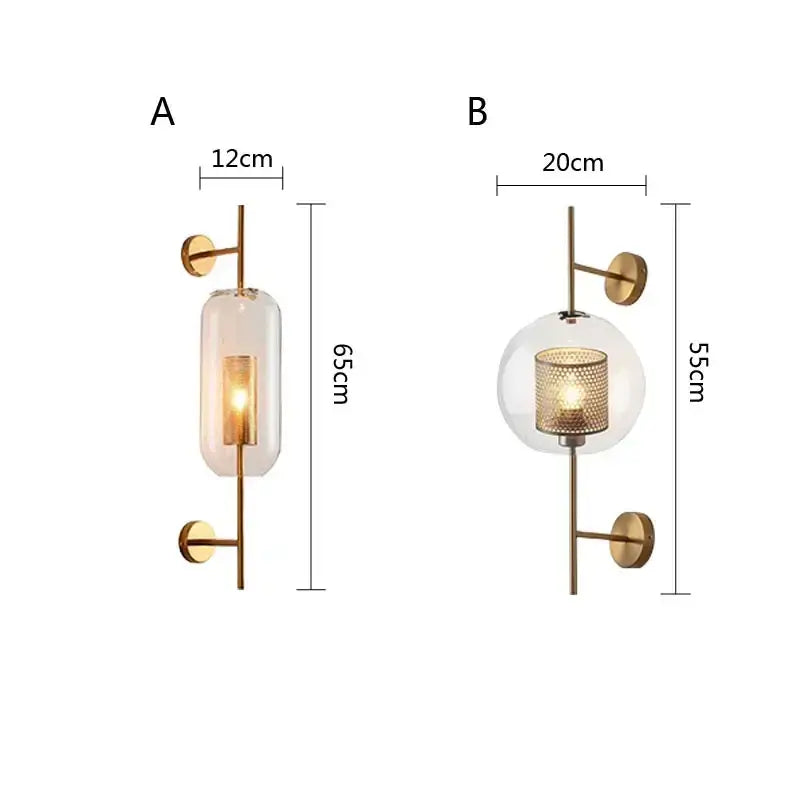 Two modern brass glass wall lamps with frosted cylindrical and clear spherical glass shades for bedroom decorbites brass glass wall