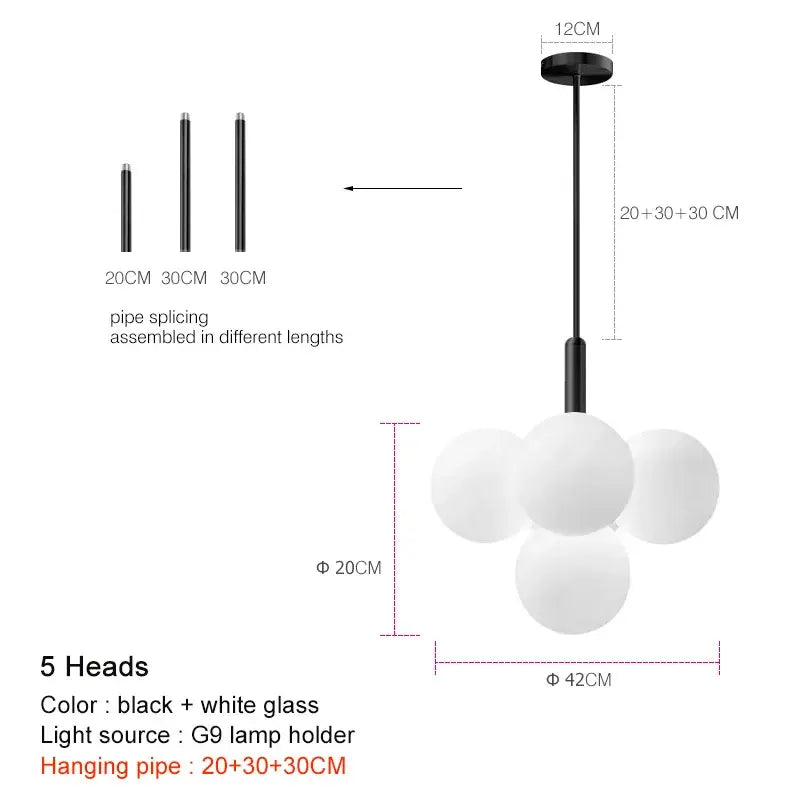 Modern black and white glass globe pendant lamp with five spherical bulbs for dining room use in frosted glass cluster