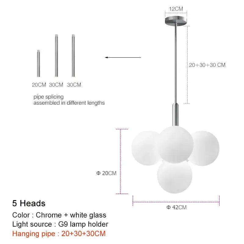 Modern chrome finished globe pendant lamp with five white frosted glass globes for dining room lighting