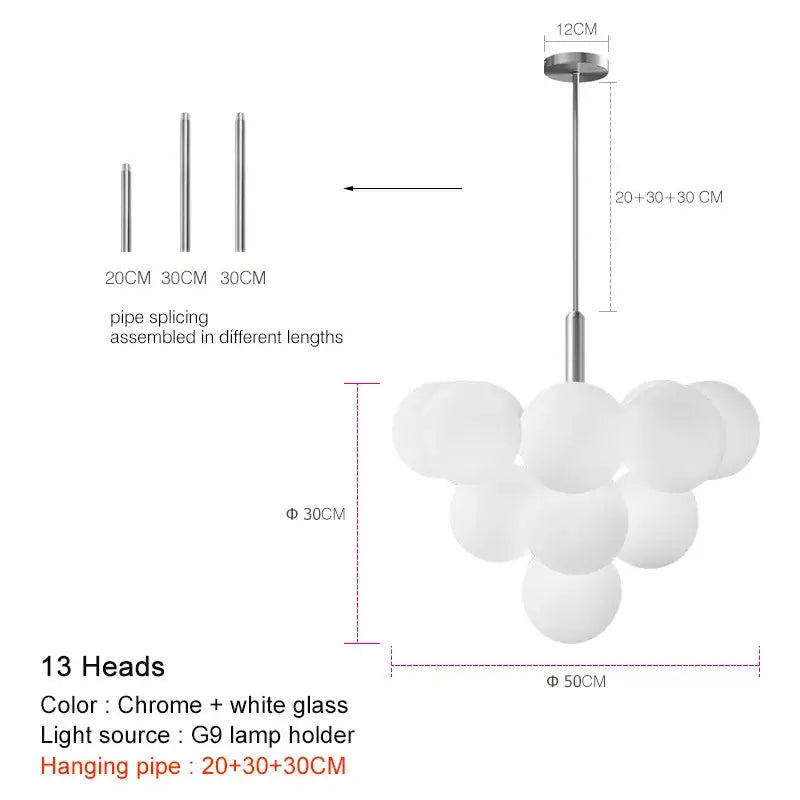 Modern white glass globe pendant lamp with chrome hanging pipe and 13 spherical light heads for dining room use