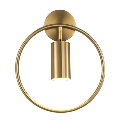Modern brass gold adjustable led wall sconce with a sleek cylindrical light and circular ring frame for corridor use
