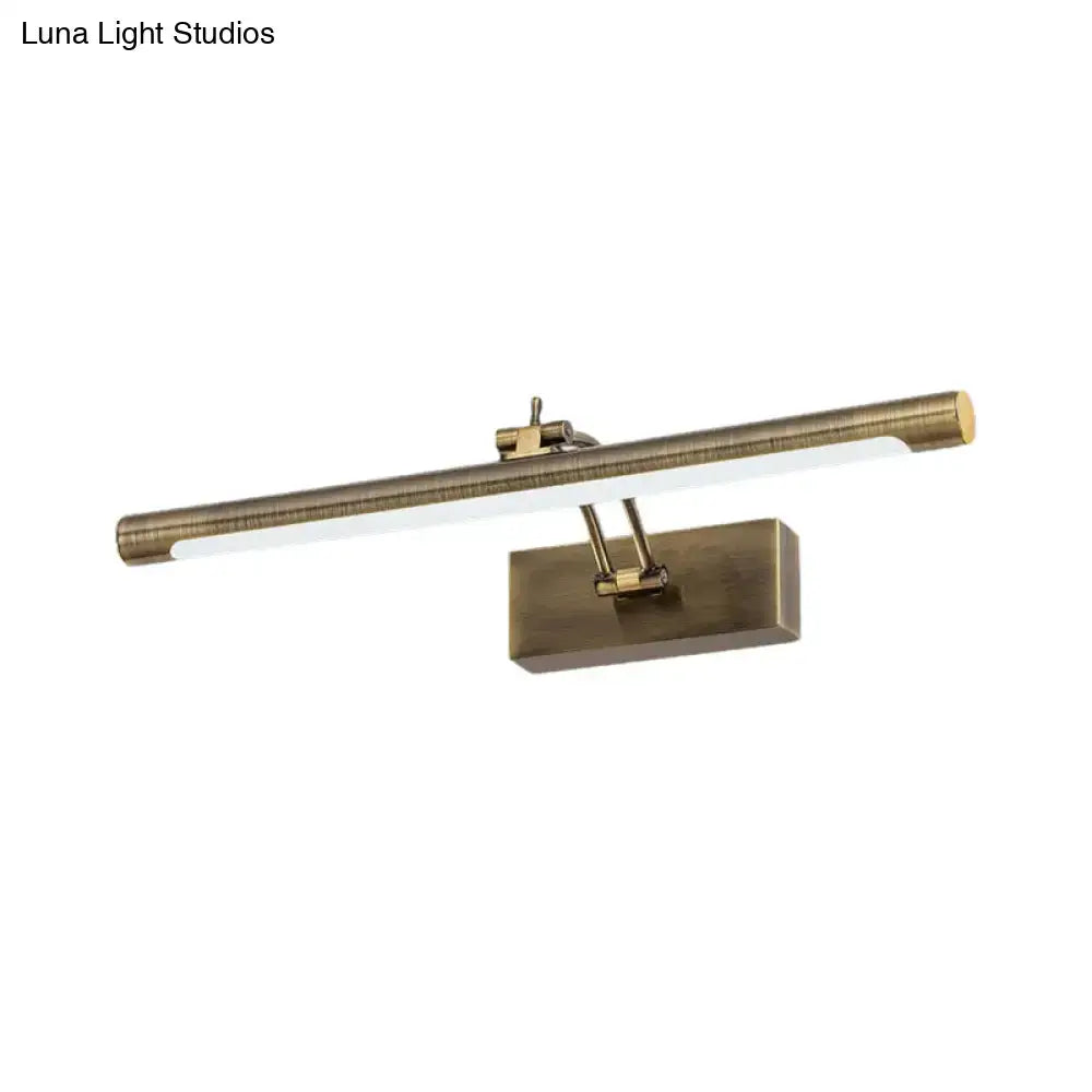 Antique brass gold finish wall lamp with sleek rectangular design and adjustable arm for bathroom vanity lighting