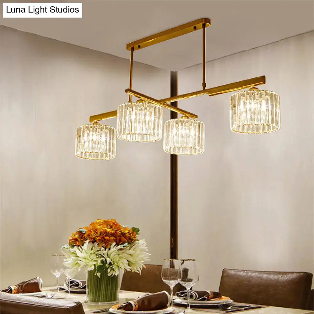 Decorbites modern brass hanging light with four cylindrical crystal shades in gold-toned metal for living room lighting