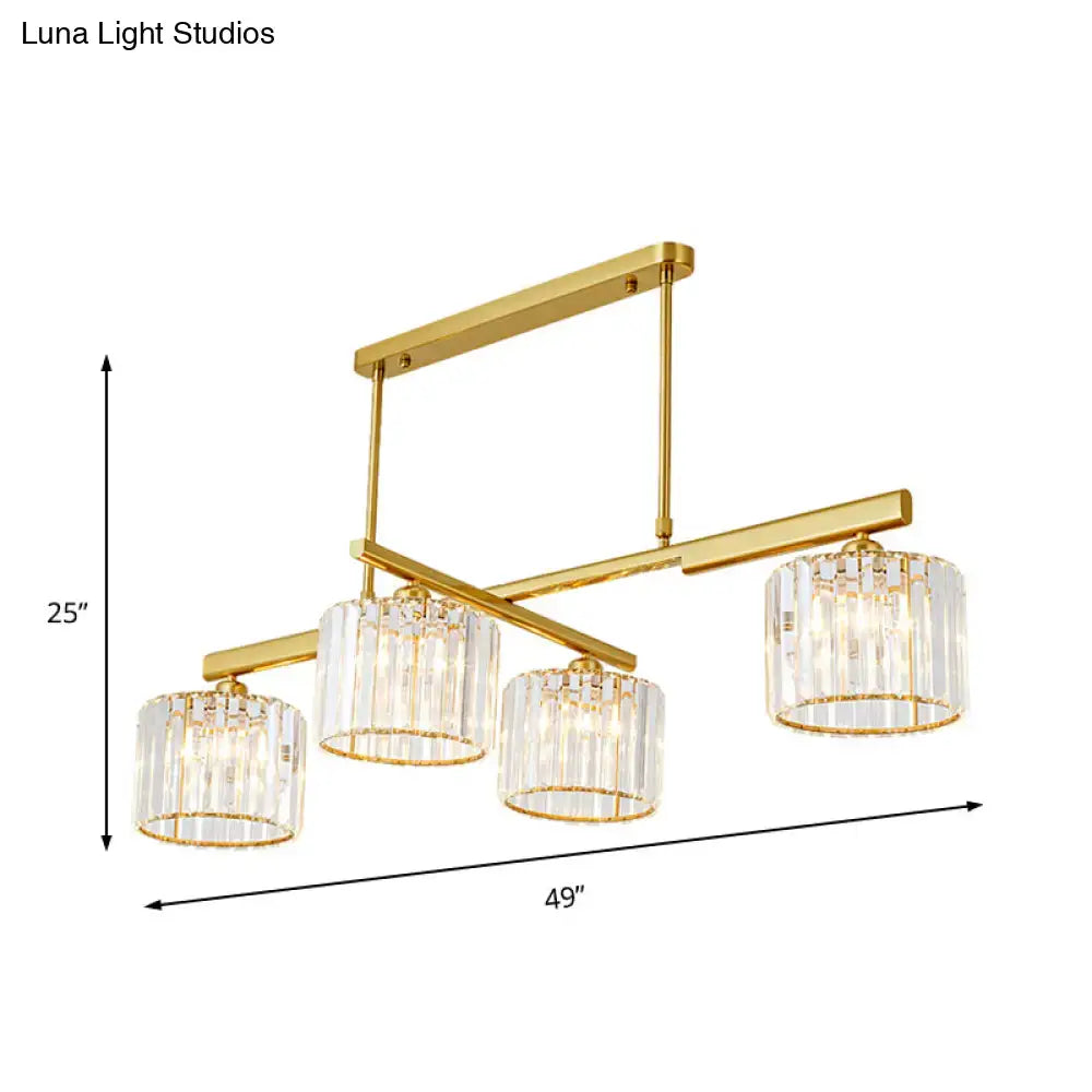 Decorbites modern brass hanging light with four clear crystal cylinder shades and geometric brass frame for living room