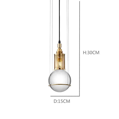Modern pendant light with clear glass globe and gold-toned metal mesh cage for dining room decorbites crystal ball led