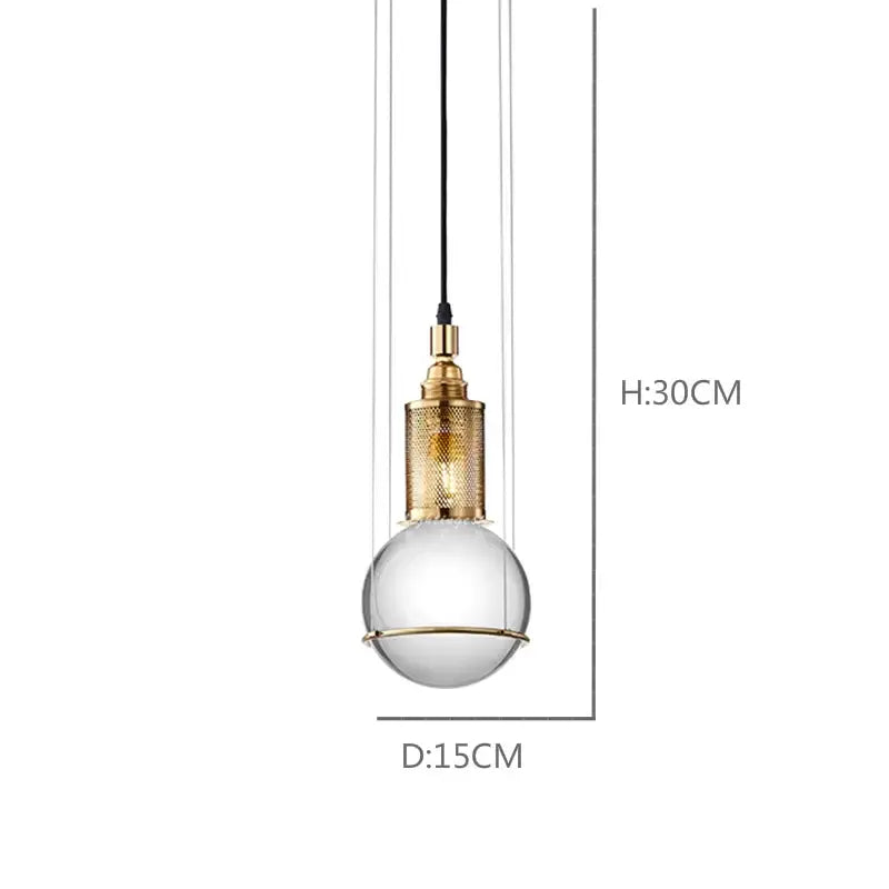 Modern pendant light with clear glass globe and gold-toned metal mesh cage for dining room decorbites crystal ball led