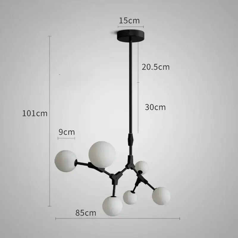 Black metal pendant lights with white spherical glass shades in iron magic molecular design for modern dining room decorbites