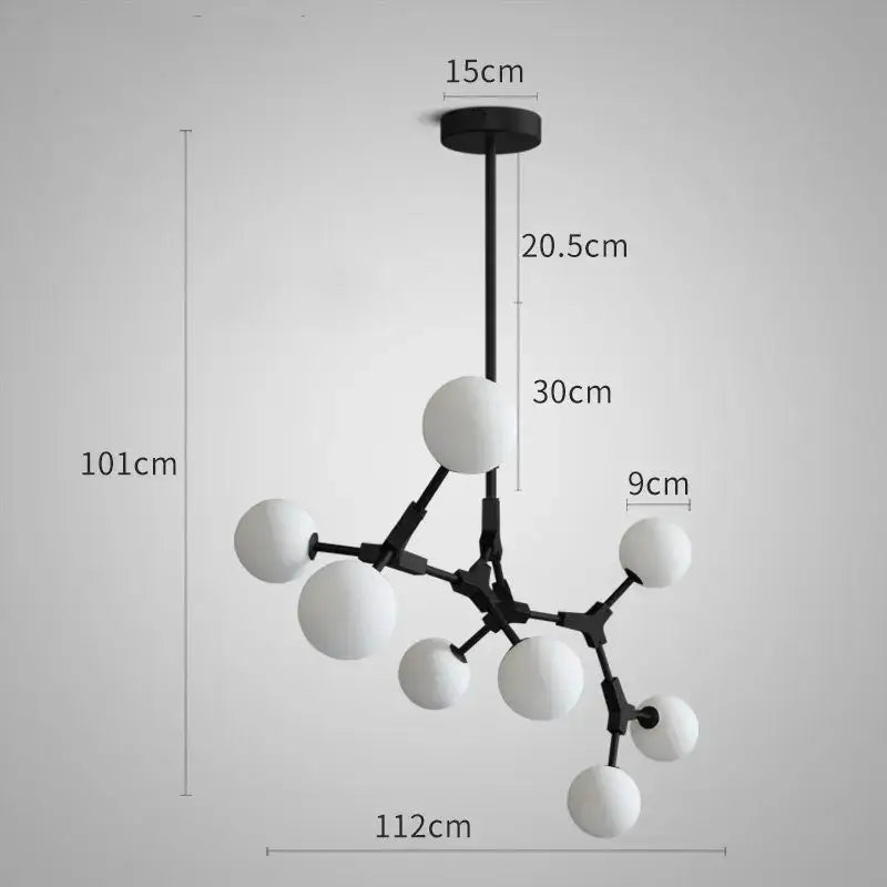 Modern black metal pendant lights with white spherical glass globes by decorbites iron magic molecular for dining room decor