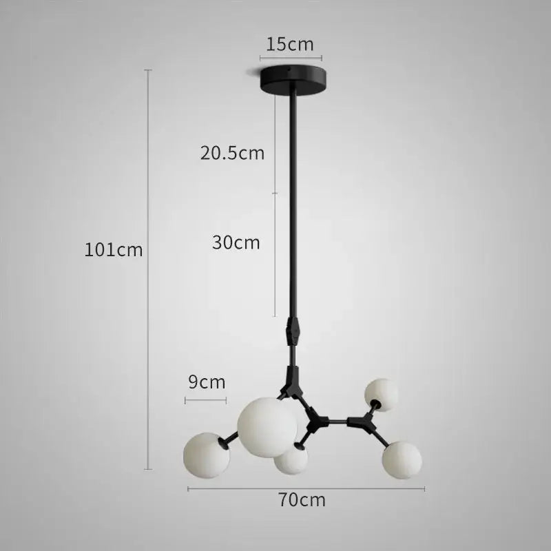 Modern brass iron magic pendant lights with black and white iron magic molecular structure and spherical glass bulbs for dining room decorbites