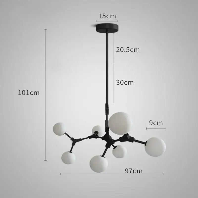 Modern brass iron magic molecular pendant lights with black metal frame and white glass globes for dining room decorbites iron magic