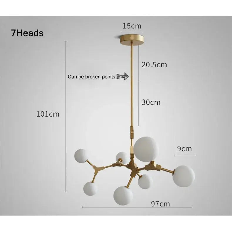 Modern brass iron magic pendant lights with gold-toned metal frame and seven frosted white spherical shades for dining room decor