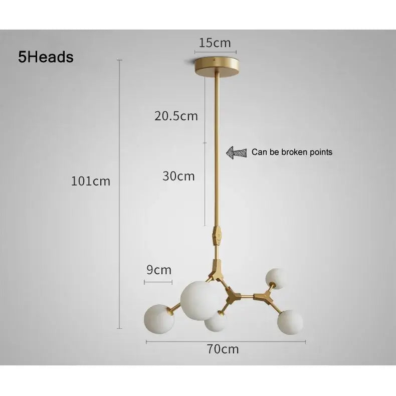 Modern brass iron magic molecular pendant lights with gold-toned iron and five frosted glass globe lights for dining room decorbites