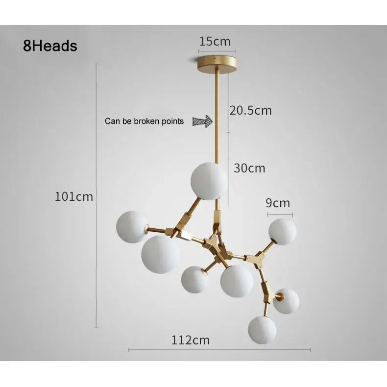 Modern brass iron magic pendant lights with gold-toned iron and white glass spheres in an iron magic molecular design