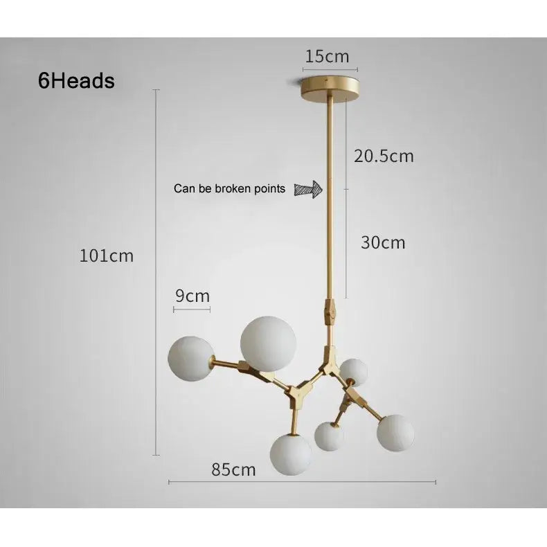 Modern brass iron magic molecular pendant lights with six frosted white glass shades for dining room decorbites iron magic
