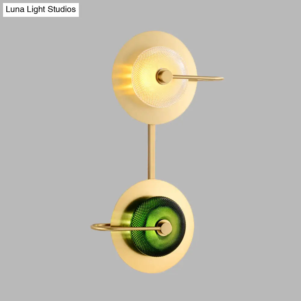 DecorBites™ DecorBites™ Modern Brass LED Glass Doughnut Wall Lamp with Clear and Green Lattice Pattern and Disk Detail