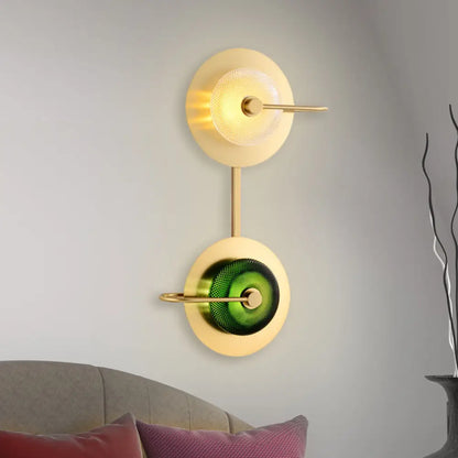 DecorBites™ DecorBites™ Modern Brass LED Glass Doughnut Wall Lamp with Clear and Green Lattice Pattern and Disk Detail