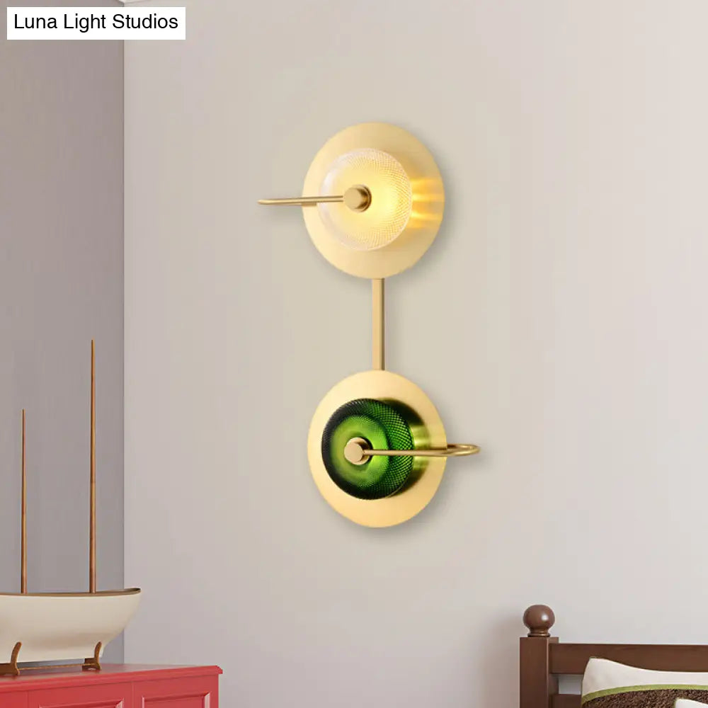 DecorBites™ DecorBites™ Modern Brass LED Glass Doughnut Wall Lamp with Clear and Green Lattice Pattern and Disk Detail