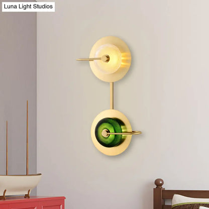 DecorBites™ DecorBites™ Modern Brass LED Glass Doughnut Wall Lamp with Clear and Green Lattice Pattern and Disk Detail