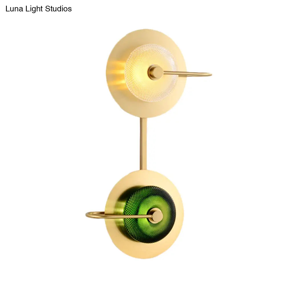 DecorBites™ DecorBites™ Modern Brass LED Glass Doughnut Wall Lamp with Clear and Green Lattice Pattern and Disk Detail