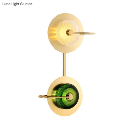 DecorBites™ DecorBites™ Modern Brass LED Glass Doughnut Wall Lamp with Clear and Green Lattice Pattern and Disk Detail