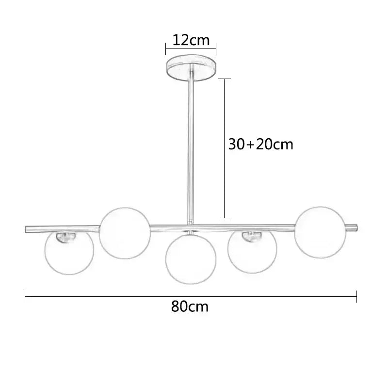 Modern chrome finished brass led pendant lights with five spherical glass shades in a linear dining room chandelier design
