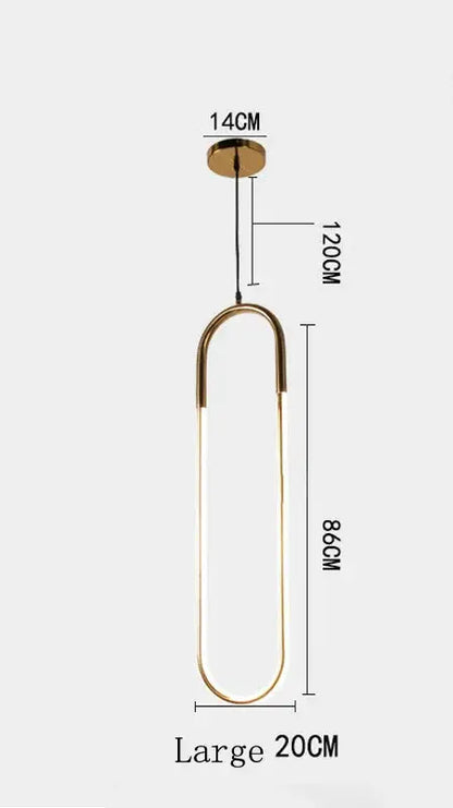Modern brass led u-shaped bar chandelier with gold-toned minimalist pendant light and precise dimensional markings