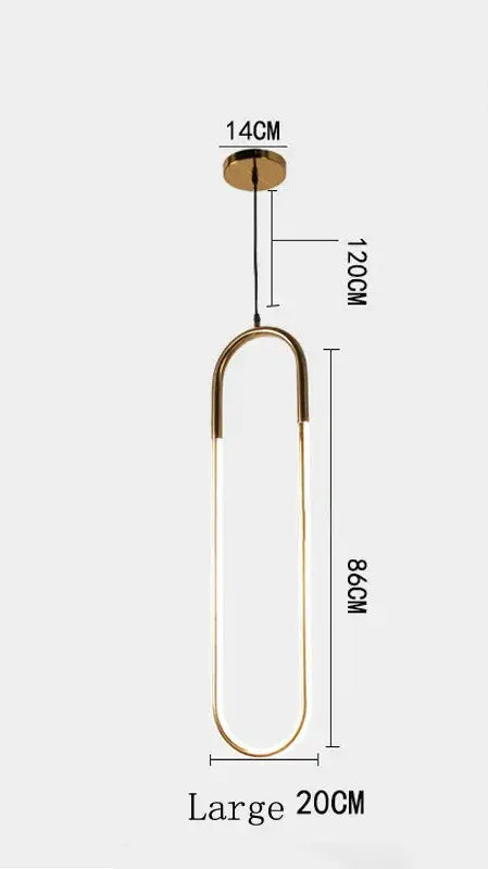 Modern brass led u-shaped bar chandelier with gold-toned minimalist pendant light and precise dimensional markings