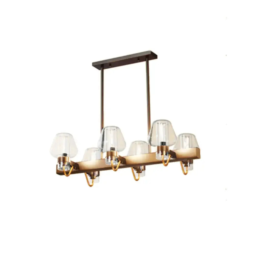 Modern brass-finished chandelier with five clear glass shades and linear design for 110v-120v and 220v-240v use