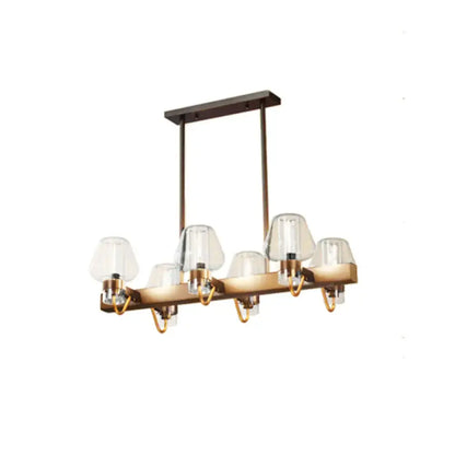 Modern brass-finished chandelier with five clear glass shades and linear design for 110v-120v and 220v-240v use