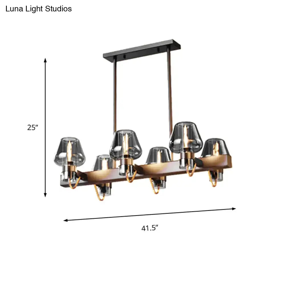 Modern bronze-finished chandelier with linear design six smoked glass shades and exposed filament bulbs 110v-120v 220v-240v