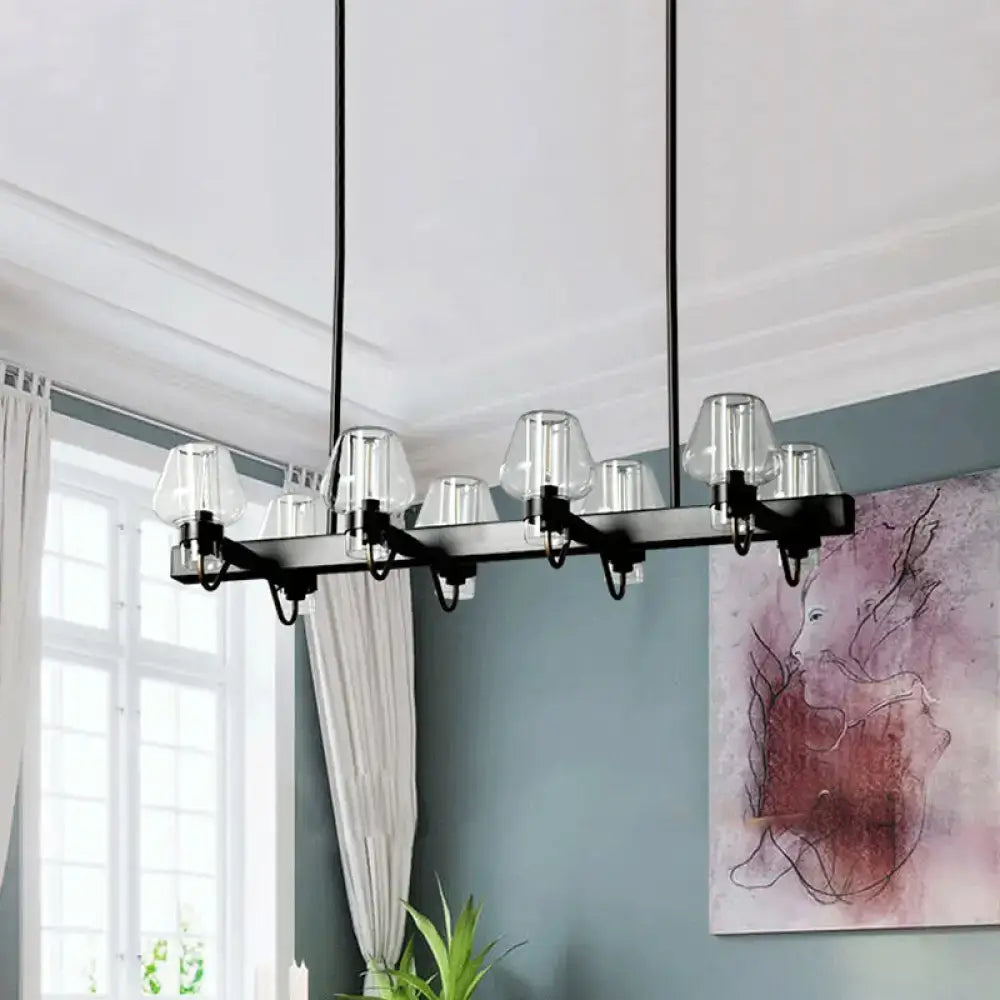 Modern black metal chandelier with clear glass shades suspended by thin cords featuring linear design for 110v-120v and 220v-240v use
