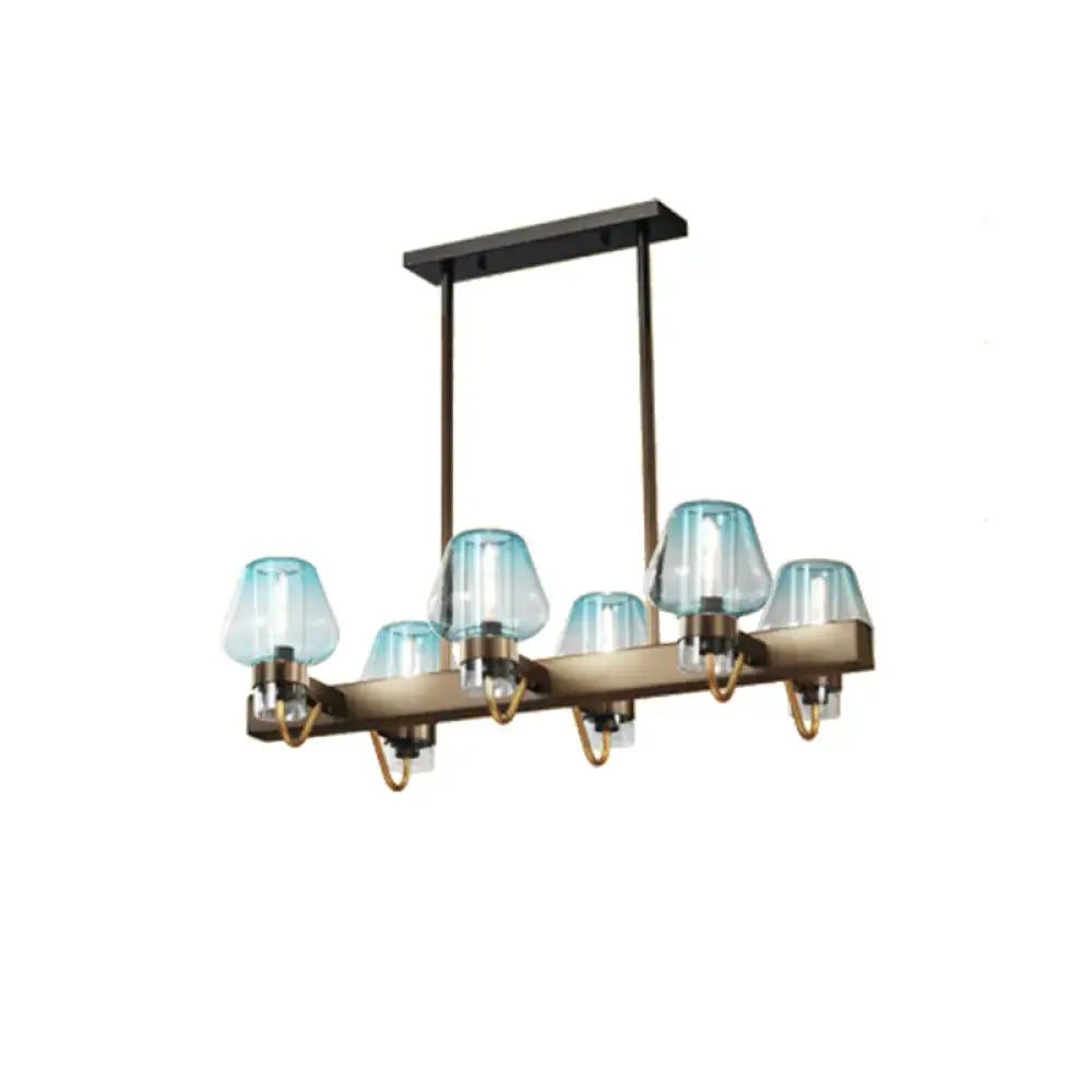 Modern chandelier with five translucent blue glass shades and bronze frame featuring linear design for 110v-120v use