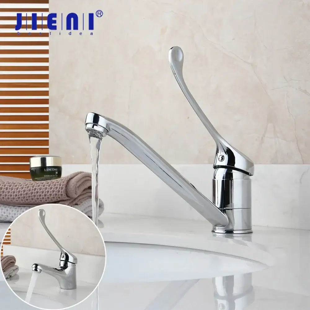 Modern brass long handle basin faucet with chrome finish curved spout and sleek design for kitchen mixer tap