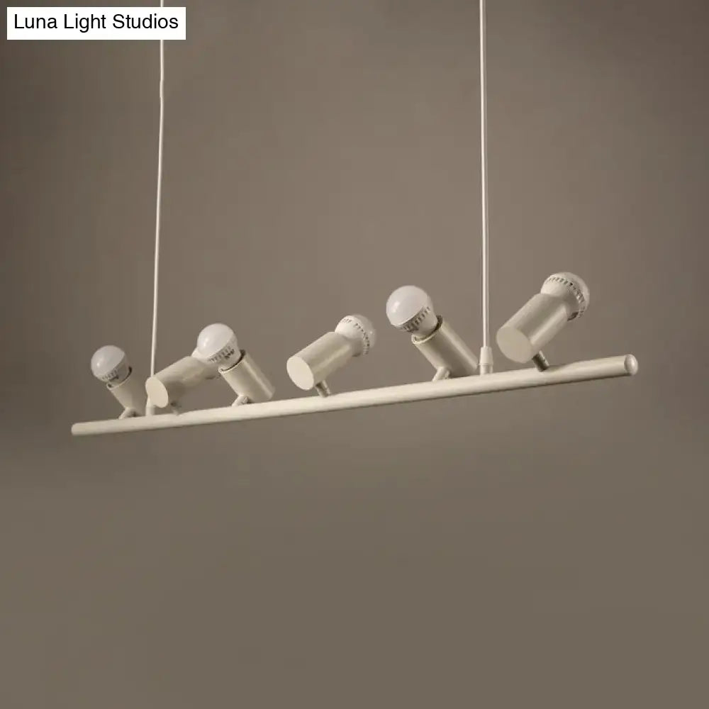 Modern white metal island lamp with five adjustable spotlight heads on a sleek bar maximum bulb wattage use