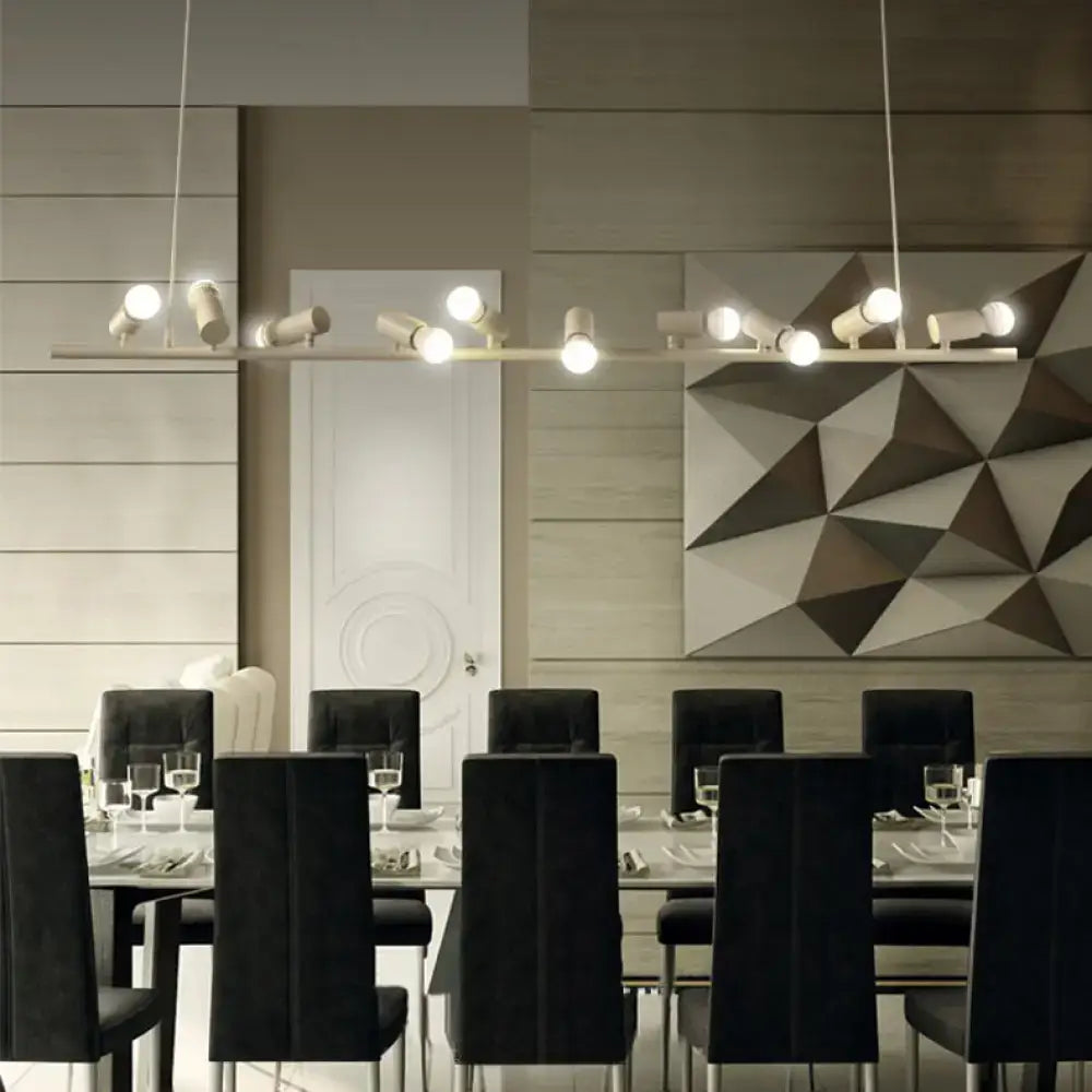 Modern black metal island lamp with six cylindrical light fixtures and maximum bulb wattage for dining room use