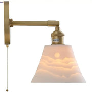 Modern brass mountain led wall lamp sconce with frosted glass shade featuring etched mountain and sun design